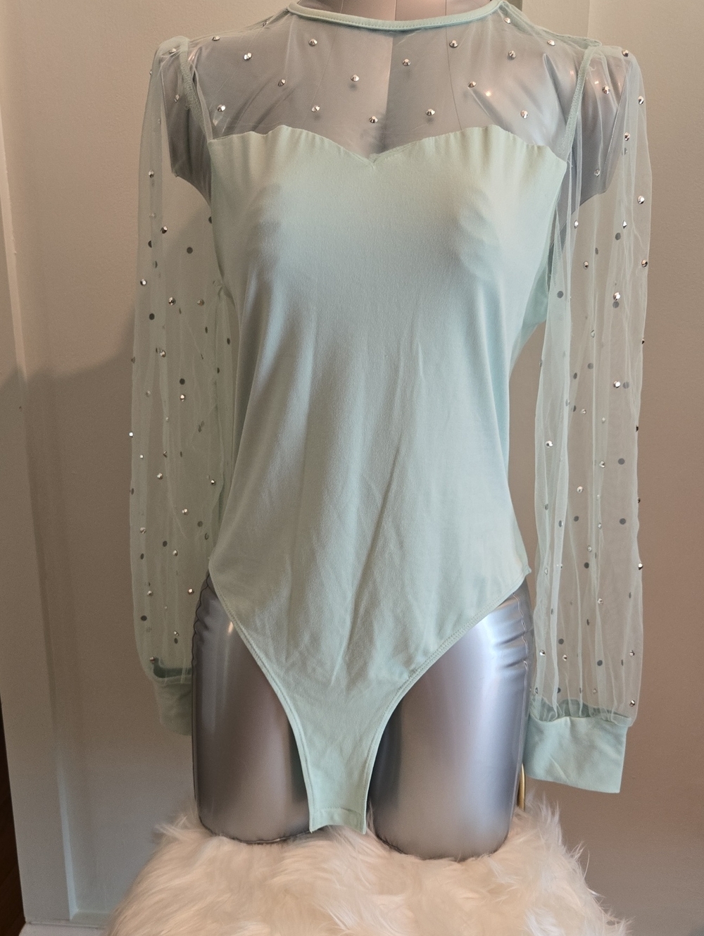 SHEIN Mint Green Sheer Rhinestone Mesh Bodysuit with Puff Sleeves